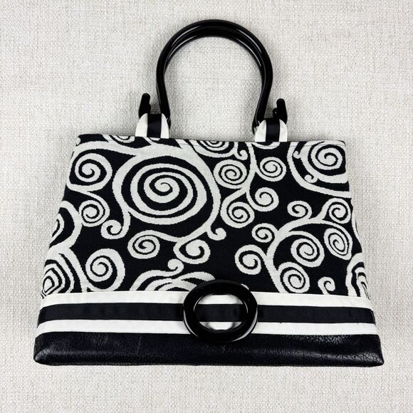 Pee Dee Bee Designes Bag Purse Black White Ribbon Detail 12”x 10” x 5” Handbag - Picture 1 of 13